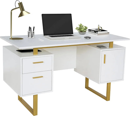 Modern Office Desk with Storage Drawers and Cabinet, Large Floating Desktop, White/Gold Finish