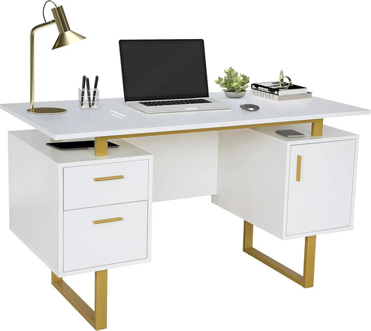 Modern Office Desk with Storage Drawers and Cabinet, Large Floating Desktop, White/Gold Finish