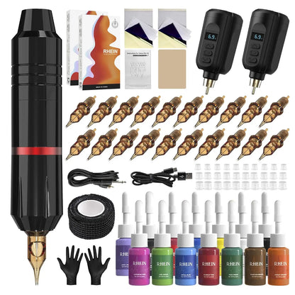 Complete Wireless Tattoo Machine Kit with 2 Batteries, 20 Needles, and 14 Ink Colors for Professional Tattooing Supplies