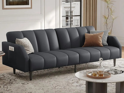 Faux Leather Couch, Convertible Futon Sofa Bed with Adjustable Backrest, Mid Century Leather Sofa Loveseat , Customized
