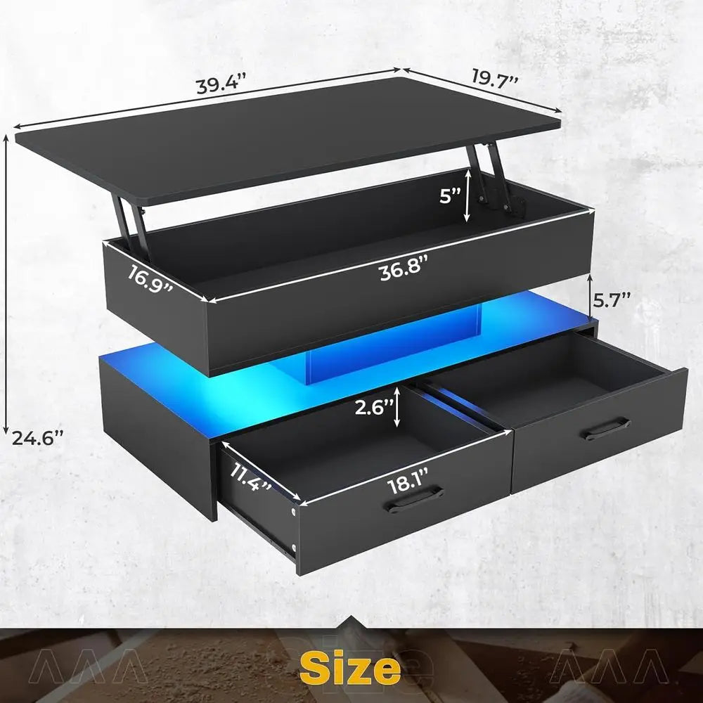 40in LED-Illuminated Coffee Table with Storage for Living Room, Compact with 2 Drawers, Black