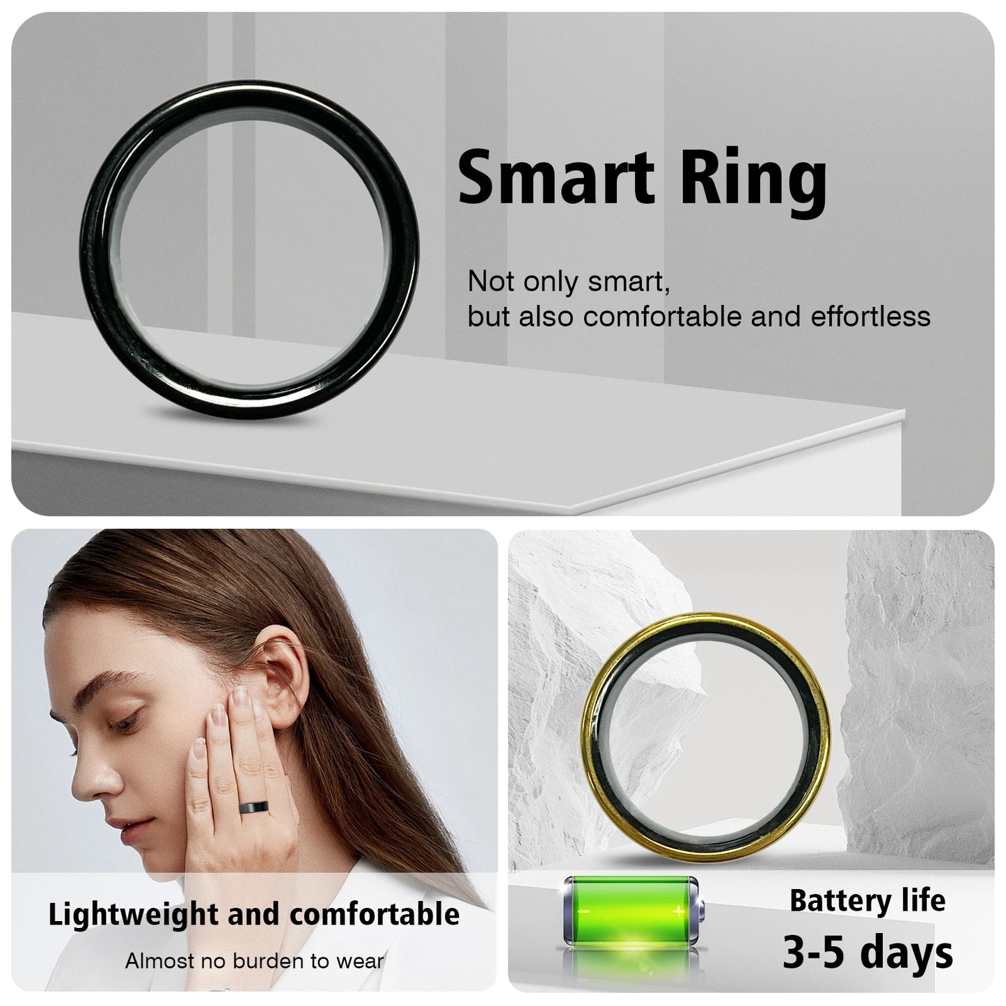 Smart Ring with Charging Case for Men Women, Health and Sleep Monitor, IP68 5ATM Waterproof, Multi-sport Mode
