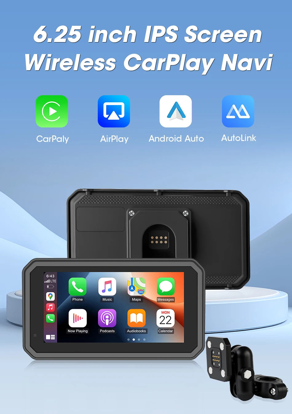 6.25 Inch Portable Quick Disassembly Motorcycle Carplay Android Auto GPS for Moto Navigation IP67 Waterproof IPS Display TPMS