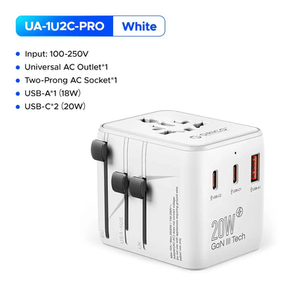 ORICO Universal Travel Adapter Worldwide All-in-One 20W GaN with AC Outlet USB A Type C Dual 10A Fuses Fast Charging EU US UK AU