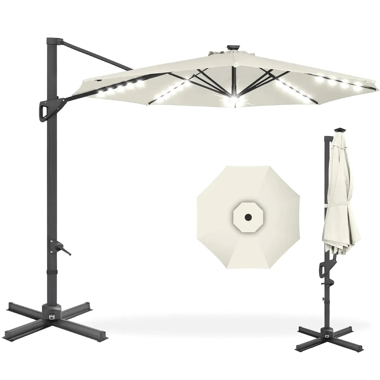 10ft Solar LED Cantilever Patio Umbrella, 360-Degree Rotation Hanging Offset Market Outdoor Sun Shade for Backyard,, Customized