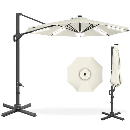 10ft Solar LED Cantilever Patio Umbrella, 360-Degree Rotation Hanging Offset Market Outdoor Sun Shade for Backyard,, Customized