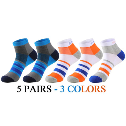 5 Pairs/Lot Running Socks Men Ankle Colorful Stripes Combed Cotton Outdoor Gym Compression Short Male Socks 5 Colors New 2025