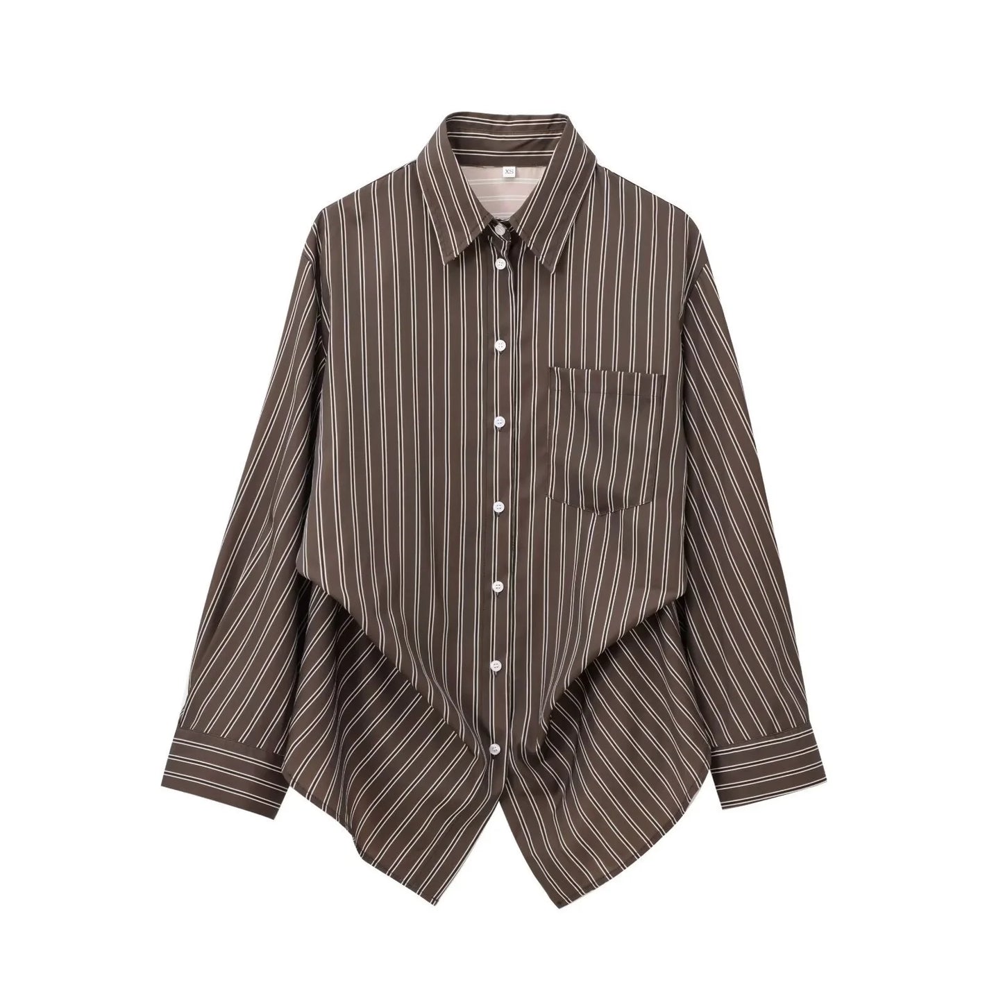 EDSA Women Brown Batwing Stripe Shirt Long Sleeves with Cuffs Patch Pockets Button-up Front for Office Lady Blouse
