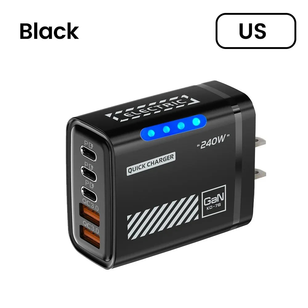 240W GaN Fast Charger 5 Ports 3USB C 2USB QC3.0 Quick Charge Plug Travel Wall Charger for iPhone Samsung Xiaomi Tablet EU/US/UK
