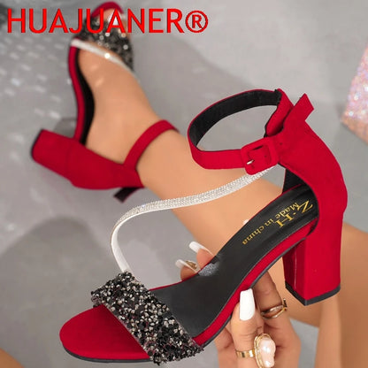 Women's  Summer Fashion Sandals Medium High Heel ne button Sandals Outdoor Fashion Sandals Women Heels Black Red Sandalias