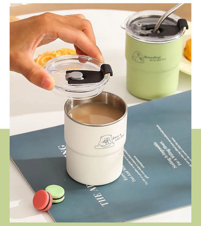 300ml Drinking Cup With Straw Portable Stainless Steel Coffee Cups Mug With Lid Heat Resistant Tea Cup Tumbler Travel Mug