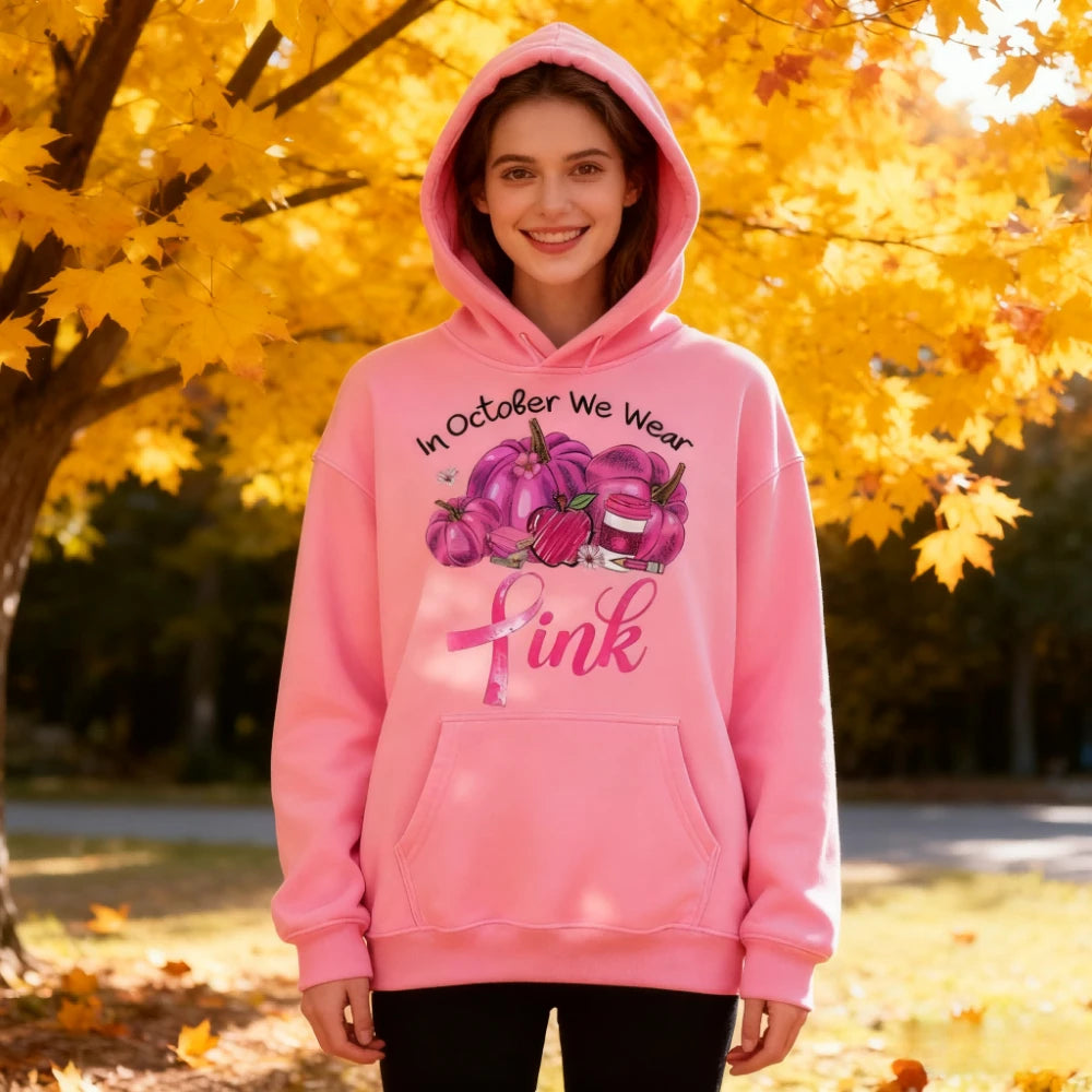 In October We Wear Pink Sweatshirt Retro Pumpkin Hoodies Breast Cancer Awareness Fighter Tops Pink Bow Ribbon Women Streetwear