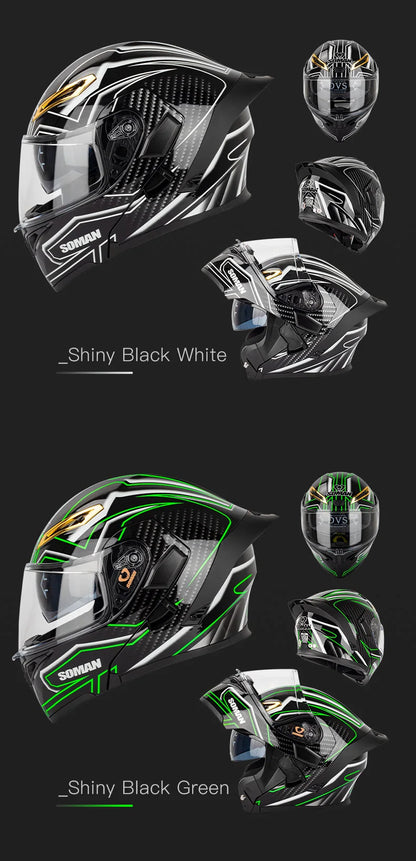 SOMAN Full Face Helmet Dual Lens Flip Up Motorcycle Helmets Casco Accessories Men Women Casque Moto Racing DOT Approved Visor