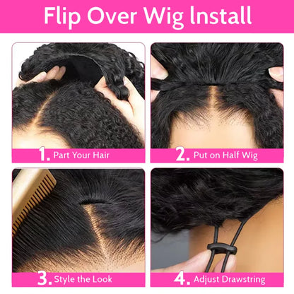 Water Wave Glueless Wigs Wear And Go 3 IN 1 Half Wigs Human Hair 200% Density Machine Made Clip-in Wigs With Drawstring Seamless