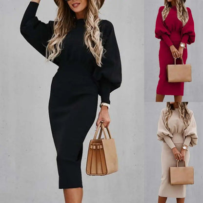 Women Autumn Dress Crew Neck Elegant Lantern Sleeve High Waist Women Bodycorn Dress Autumn Winter Office Ladies Midi Dress