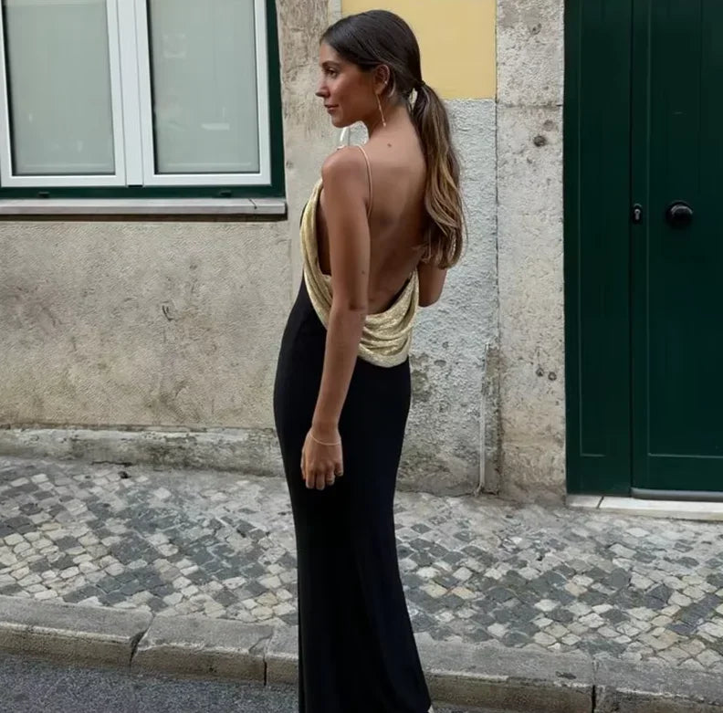 Elegant Black Maxi Dress Sleeveless Slim Fit With Gold Chain Detail Dresses Evening Party Formal Events Chic Floor-length Gown
