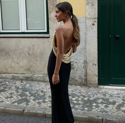 Elegant Black Maxi Dress Sleeveless Slim Fit With Gold Chain Detail Dresses Evening Party Formal Events Chic Floor-length Gown