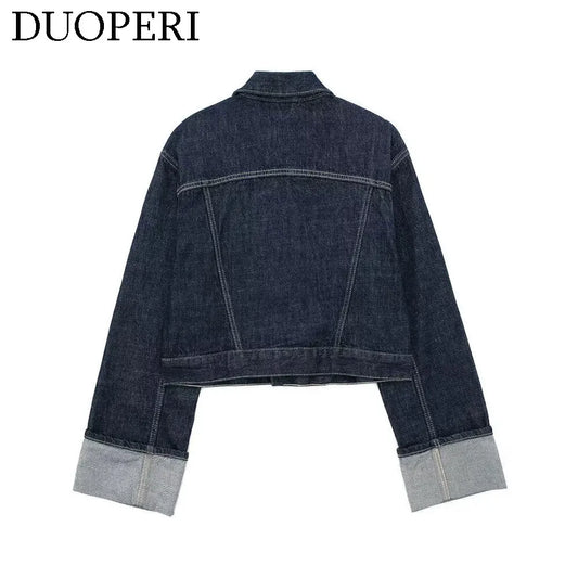 DUOPERI Women Fashion Denim Blue Single Breasted Jacket Lapel Neck Long Sleeves With Pockets Female Chic Lady Casual Outwear