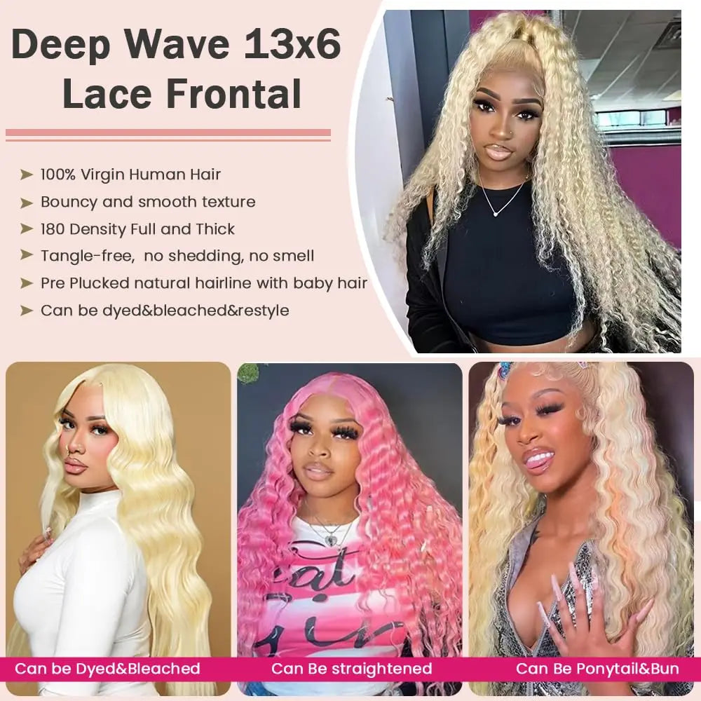 Deep Wave Wigs Human Hair Lace Front 613 13x6 HD Transparent Curly 200% Density Pre Plucked Lace Frontal Wig For Women 30 Inch