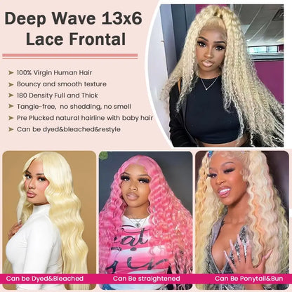 Deep Wave Wigs Human Hair Lace Front 613 13x6 HD Transparent Curly 200% Density Pre Plucked Lace Frontal Wig For Women 30 Inch