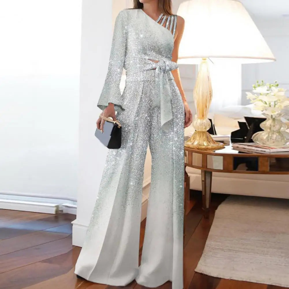 2026 Women Blouse Pants Set One Shoulder Blouse Bandage Bowknot High Waist Wide Leg Pants Set Glitter Trim Elegant Women Outfit