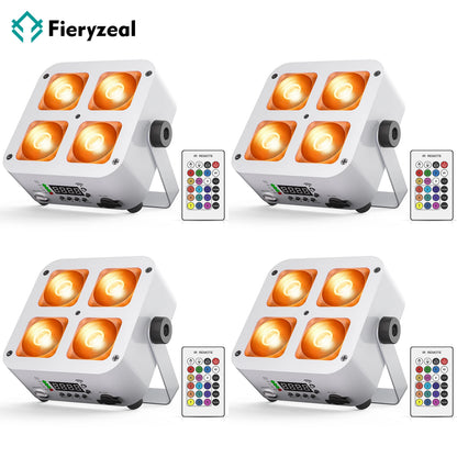 Fieryzeal 4PCS Rechargeable Par Light 5200mAh APP Control LED Uplight Stage Light DMX 4X10W RGBWA+UV LED Par Light for DJ Party