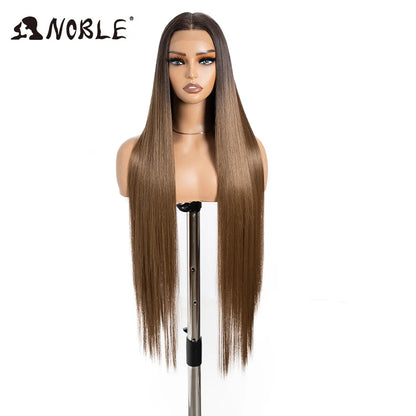 Noble 38 Inch Extra Long Straight Synthetic Lace Front Wig Skunk Stripe Grey White Ombre Glueless Heat Resistant Wig For Women