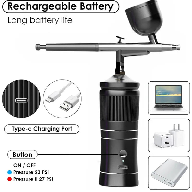 Rechargeable Airbrush Compressor Kit Air Brush Sprayer Gun Water Oxygen Deep Hydrating Machine for Nail Art Tattoo Cake Makeup