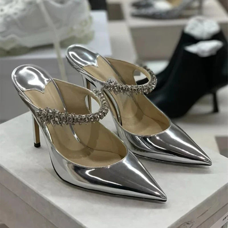 2025 New Fashionable Fine Heeled Muller Shoes with Pointed Water Diamond Chain Banquet Shallow Mouth Women's High Heel Sandals