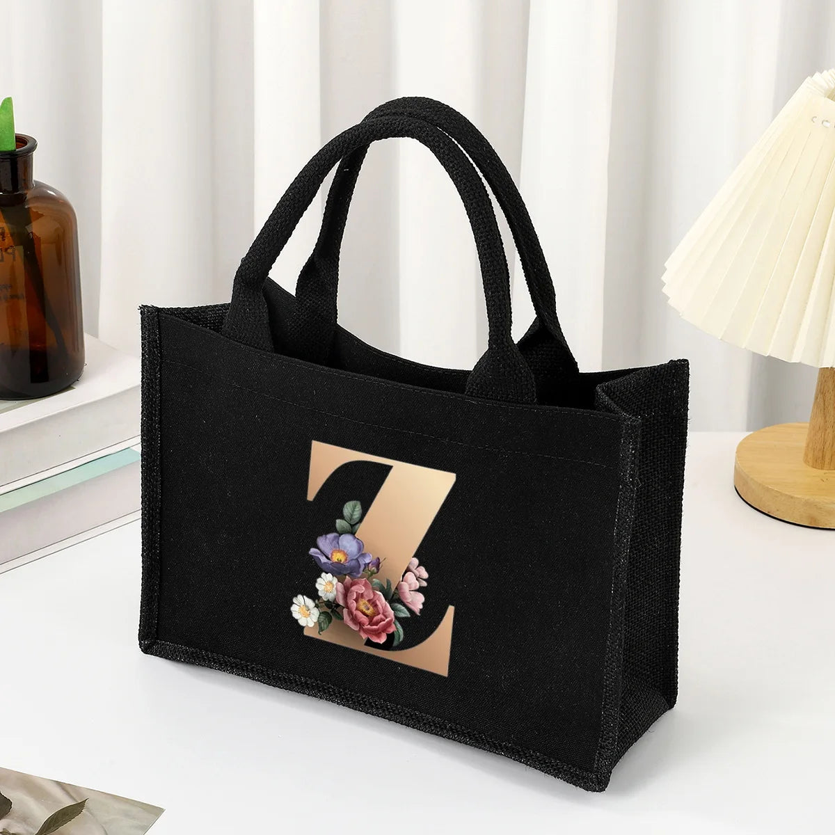 Black hand-held canvas bag, 26 letter printed women's handbag, large capacity portable leisure beach bag, indoor waterproof