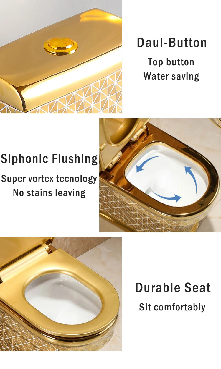E136  Golden Toilet,Modern One-Piece Ceramic Toilet Bowl With S-Trap Drainage Dual-Flush Floor Mounted White Gold Color