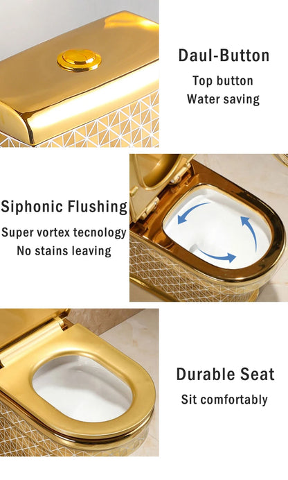 E136  Golden Toilet,Modern One-Piece Ceramic Toilet Bowl With S-Trap Drainage Dual-Flush Floor Mounted White Gold Color