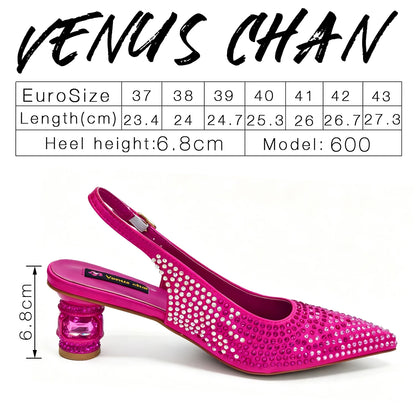 Hot Fuchsia Full Rhinestone Slingback Heels Matching Clutch Bag Set Women Luxury Crystal Pointed Shoes for Wedding Evening Party