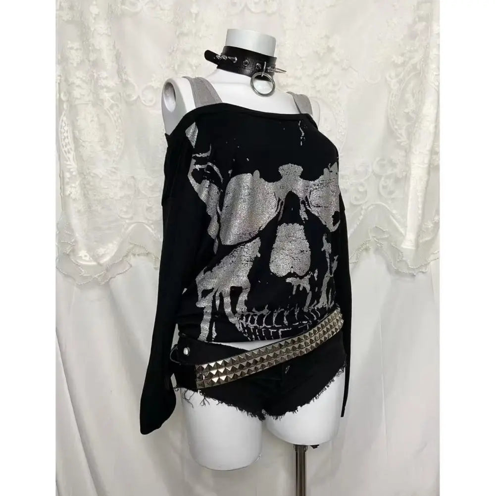 Y2k Fake Two Pieces Vintage Tops Streetwear Slash Neck Skull Print Off Shoulder Gothic Punk Tshirts Women Grunge Harajuku Tees