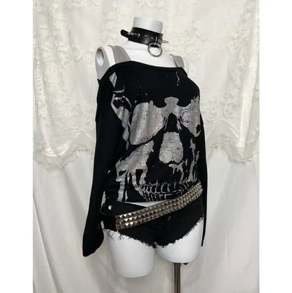 Y2k Fake Two Pieces Vintage Tops Streetwear Slash Neck Skull Print Off Shoulder Gothic Punk Tshirts Women Grunge Harajuku Tees