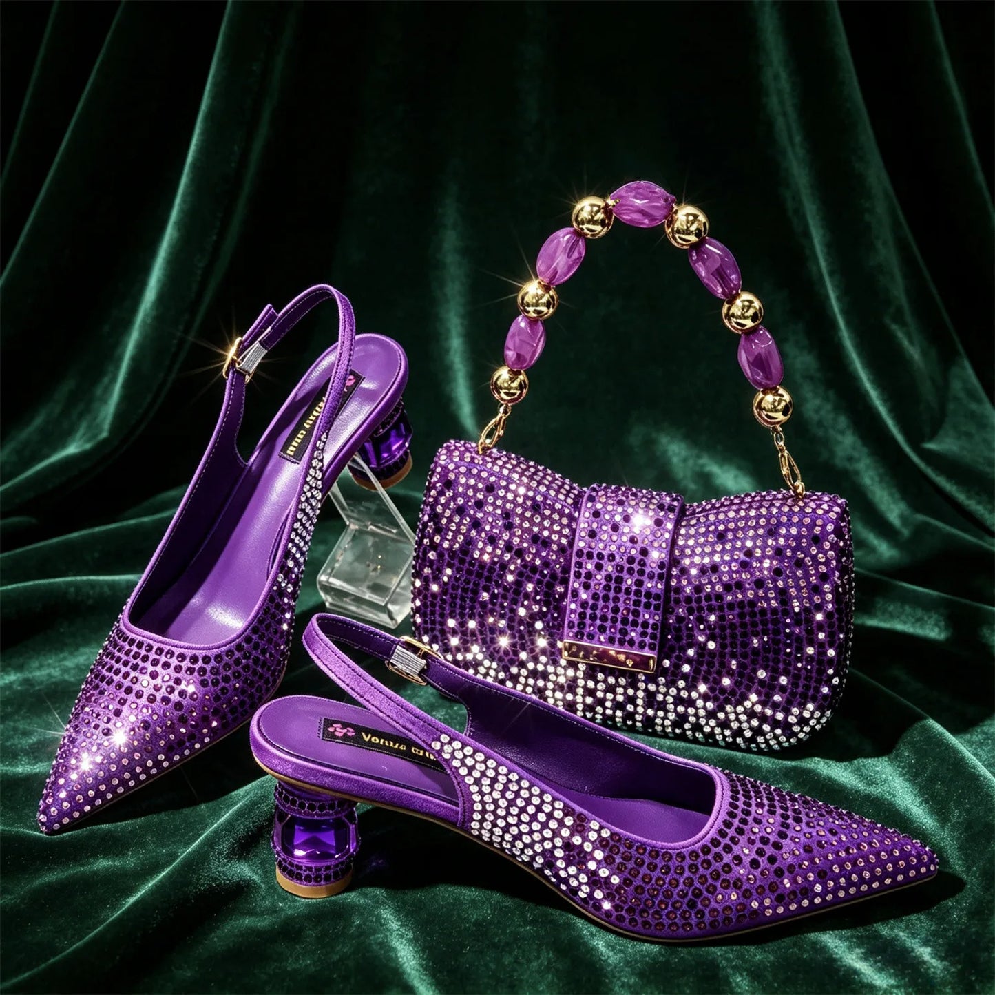 Hot Fuchsia Full Rhinestone Slingback Heels Matching Clutch Bag Set Women Luxury Crystal Pointed Shoes for Wedding Evening Party
