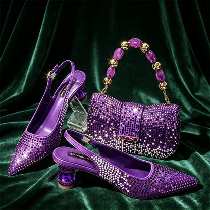 Hot Fuchsia Full Rhinestone Slingback Heels Matching Clutch Bag Set Women Luxury Crystal Pointed Shoes for Wedding Evening Party