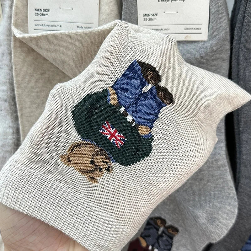 Polo Socks Men Gentleman Cotton Socks Bear Cartoon Bussiness Harajuku Skateboard Novelty Breathable Sox Designer Socks Size46-39