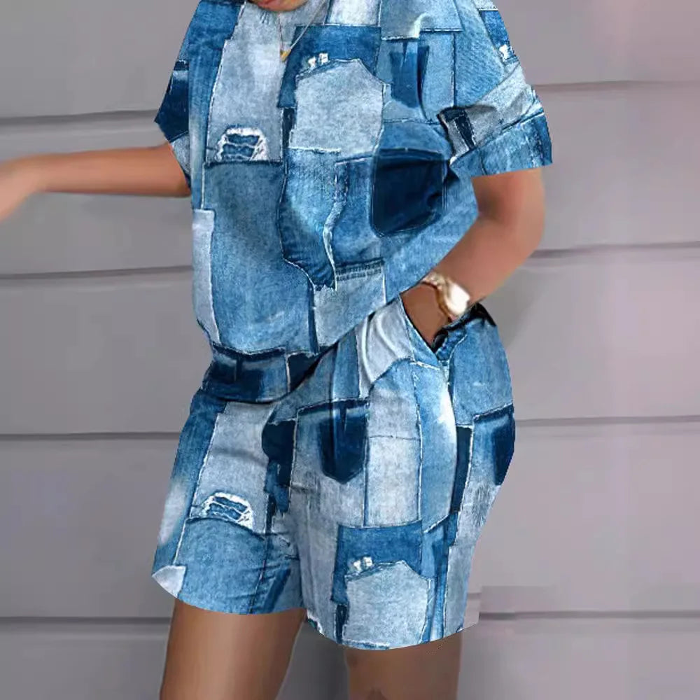 Ladies Casual Summer Two Piece Sets Printed Shorts Sets Women Round Neck Short Sleeve T Shirts Pullover High Waist Trousers Suit