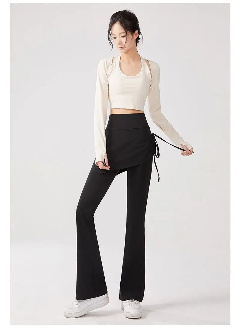 Women's Flare Pants with Skirt Overlay - High Waist Casual Bootcut Leggings