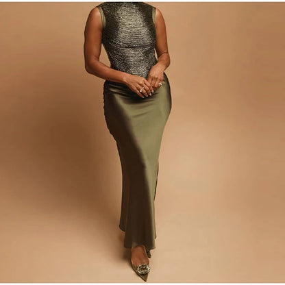 Elegant Tassel Crop Tops Satin Mermaid Skirt Sets Women Sleeveless Slim O-neck Vest Hip Package Skirts 2026 Summer Party Outfit
