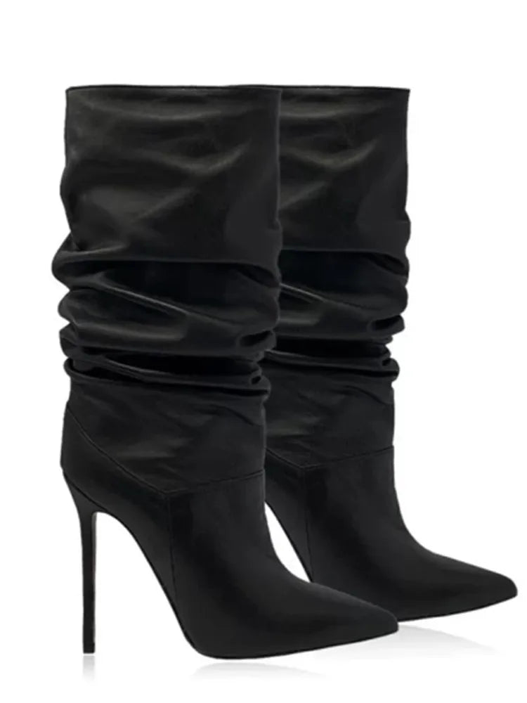 2025Women's Autumn and Winter New Pleated High-heeled Short Boots with Pointed Sleeves, Women's 35-47 Large Mid Length Boots