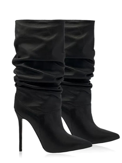 2025Women's Autumn and Winter New Pleated High-heeled Short Boots with Pointed Sleeves, Women's 35-47 Large Mid Length Boots