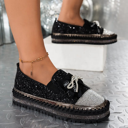 Women Sneakers 2025 New Luxury Crystals Bowknot Loafers Sequined Flat Platform Shoes Couple Fashion Plus Size Sneakers Women