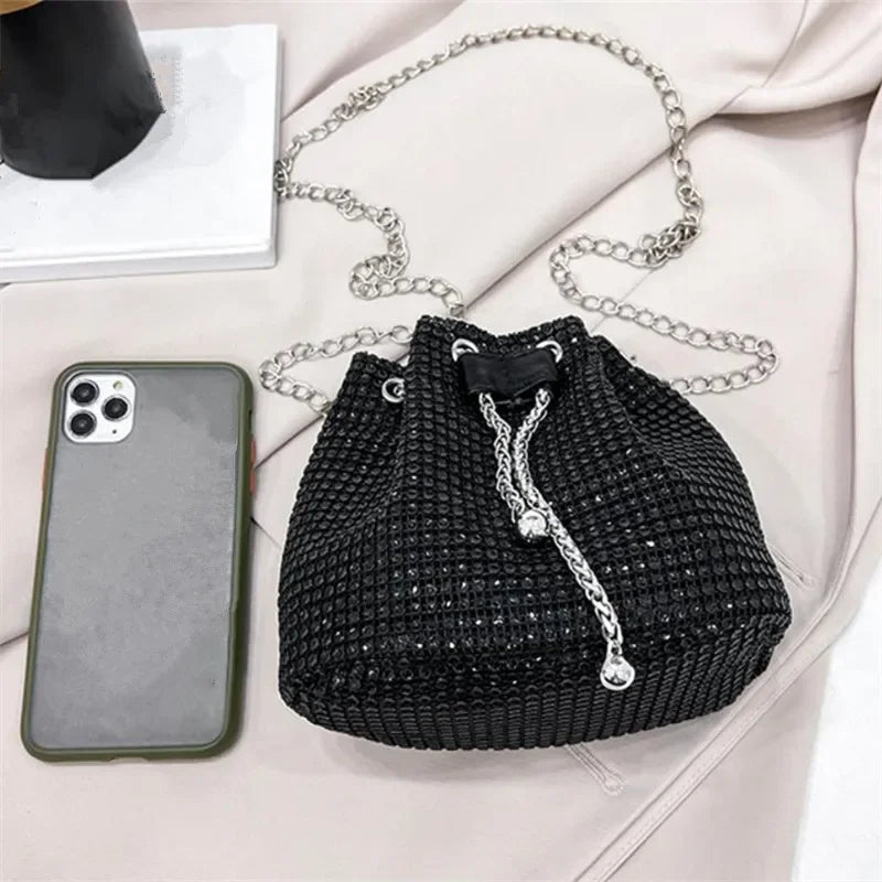 Sparkling Rhinestone Embellished Drawstring Crossbody Bag for Women Multi-Functional Bucket Purse with Detachable Chain Strap