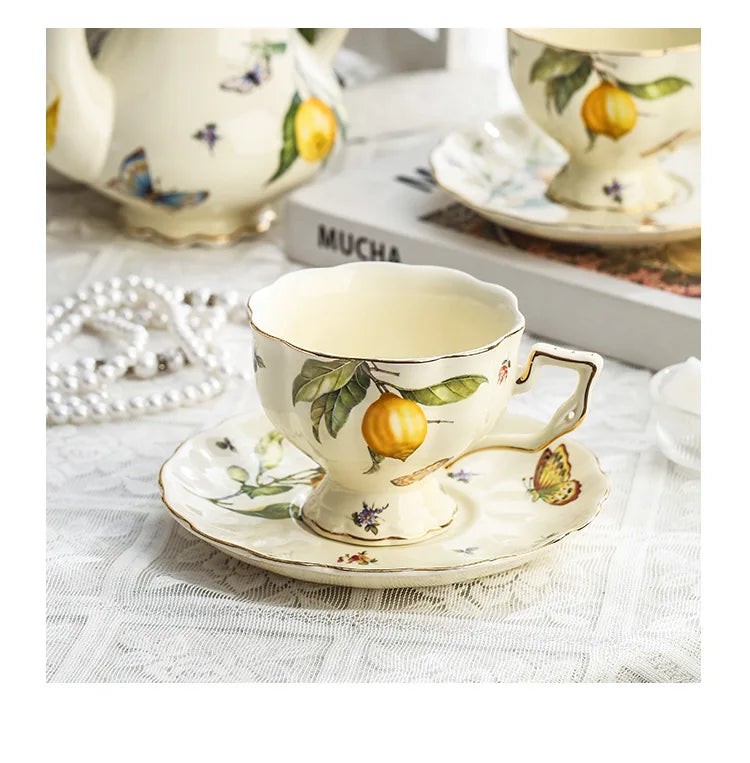 Vintage Lemon Teapot Coffee Cup and Saucer Set Beautiful Coffee Mug Modern Set Tania Bulhoes Luxury Design Cup