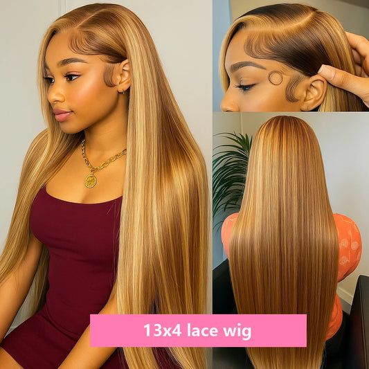 4/27 straight 13x4 Lace Frontal Highlight Wig Human Hair Brazilian 200 Density 30 Inch Ombre Blonde Colored Human Hair Wigs