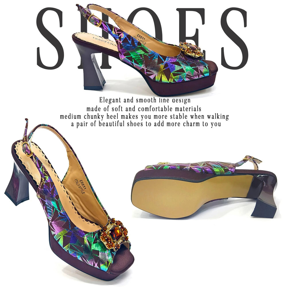 Venus Chan 2025 Elegant Peep-Toe Heels for Women - Perfect Italian Party Shoes & Bag Set with Sparkling Diamond Accents