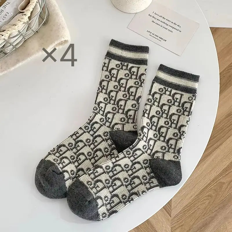 Kuwa 1/2Pairs Trendy Winter Wool Socks Ladies Monogram Pattern Solid Color Thickened Middle Tube Socks Breathable Wholesale