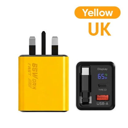 65W USB C GaN Charger Wall Charger Power Adapter Digital Display With Retractable Type C Cable For iPhone 17 16 Samsung Xiaomi